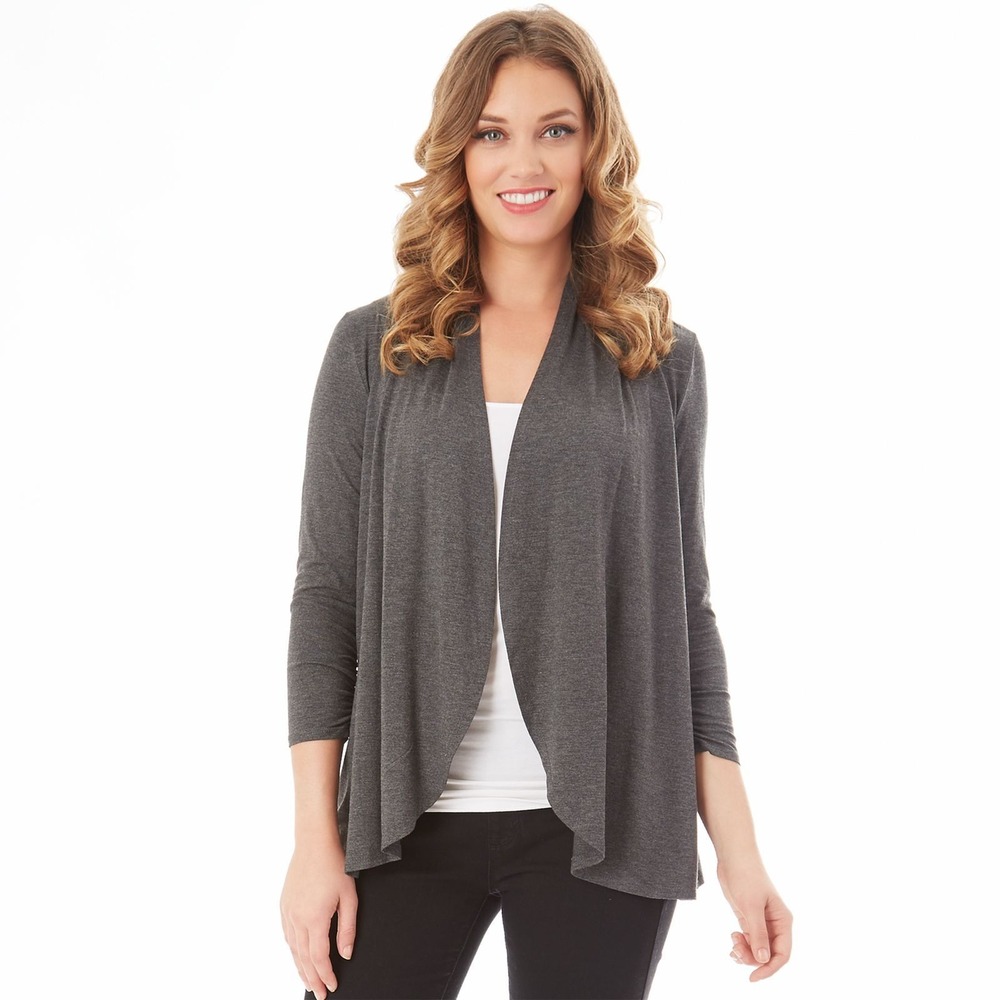 Ann Taylor Sweater Women Medium Gray‎ Knit Open Waterfall Collar Cardigan Preppy